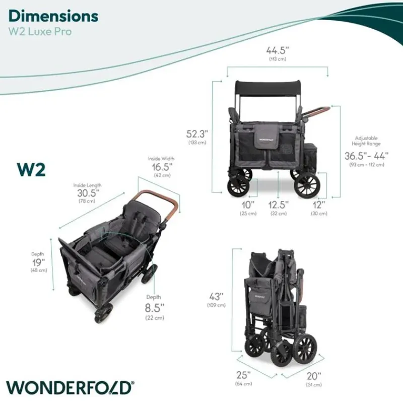 WonderFold Wagon Stroller Wagons*Wonderfold - W2 Luxe Pro Double Stroller For 2 kids, Charcoal Gray