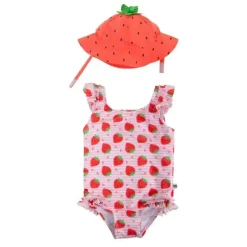 Zoocchini Baby Swimming Clothes*- Baby Ruffled Swimsuit & Sun Hat Set, Strawberry, 6-12M